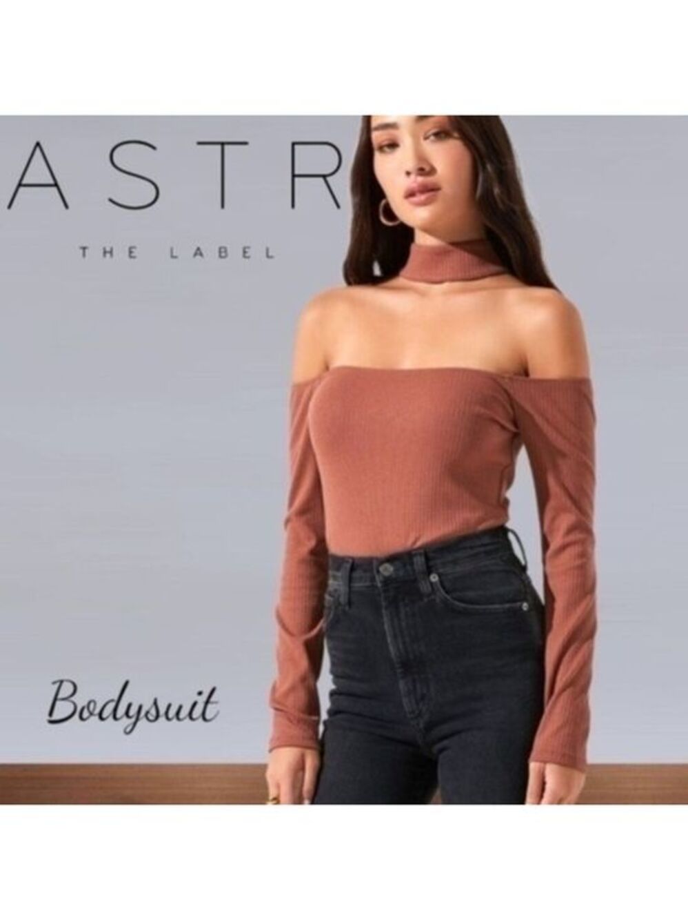 ASTR THE LABEL Choker Accent Long Sleeve Cold Shoulder Thong Bodysuit/XL NWT